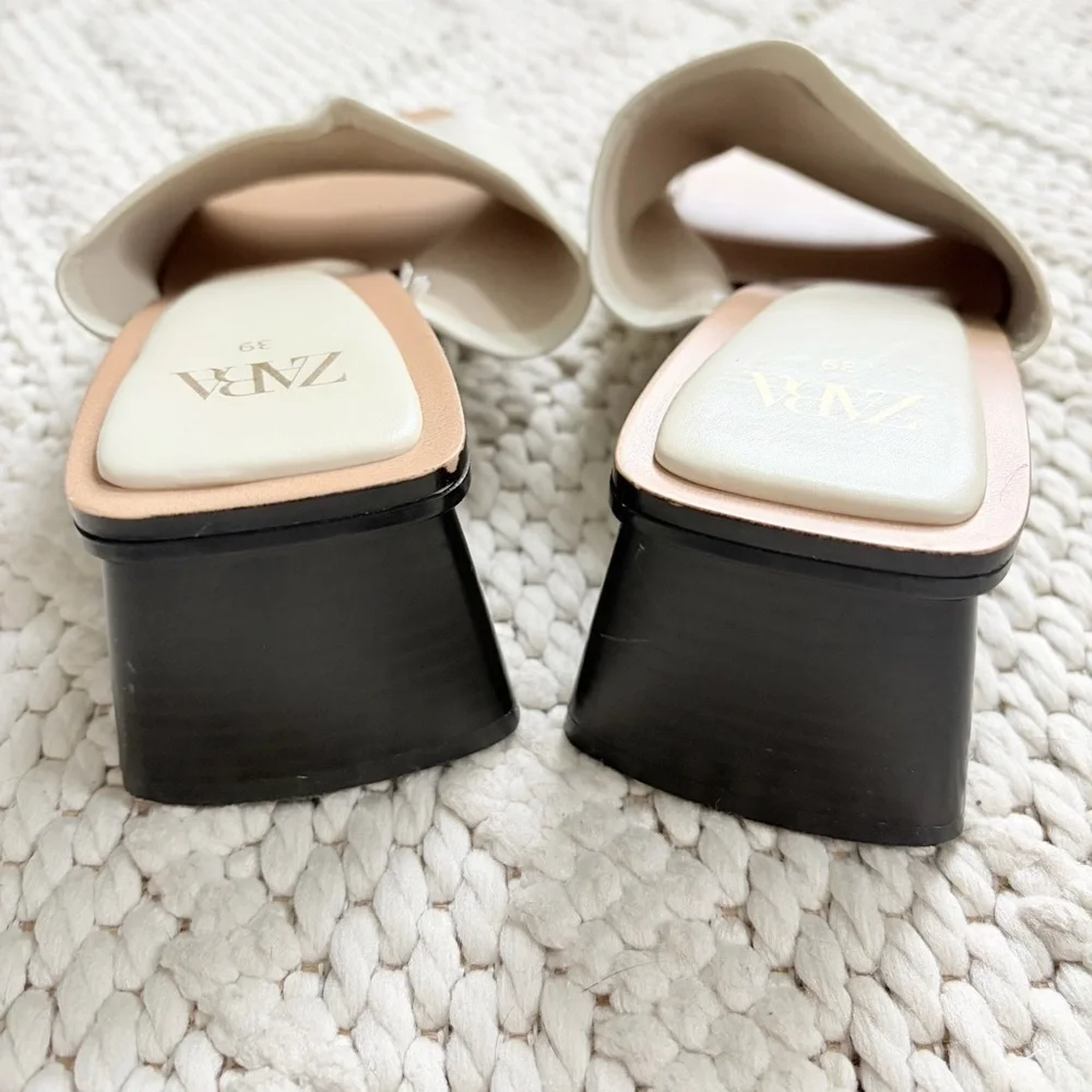 ZARA Cream Ivory White Leather Block Heel Sandals Womens 39 9 EUC - Picture 7 of 7
